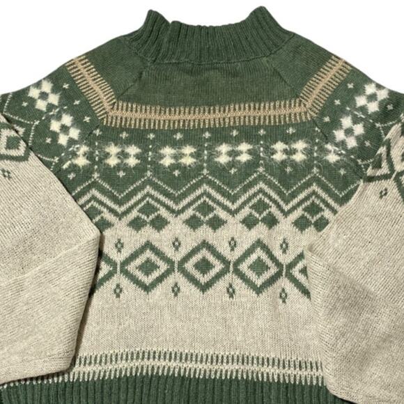 Women's Crop Sweater Fair Isle Nordic Mock Neck Sz Large Green Holiday Cabin Ski - Picture 2 of 10